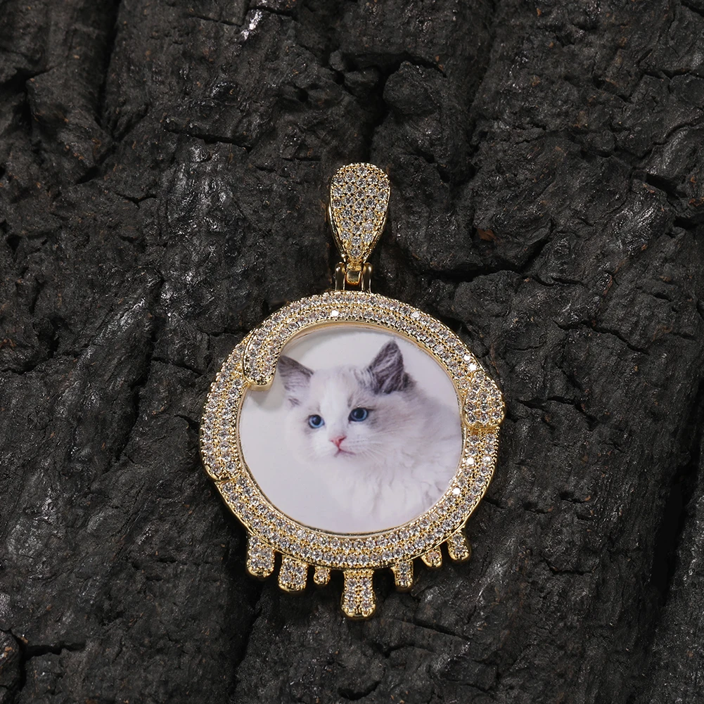 TBTK Custom Round Water Drip Photo Pendant Memory Picture Medallion Iced Out Cubic Zirconia Hiphop Jewelry For Gift