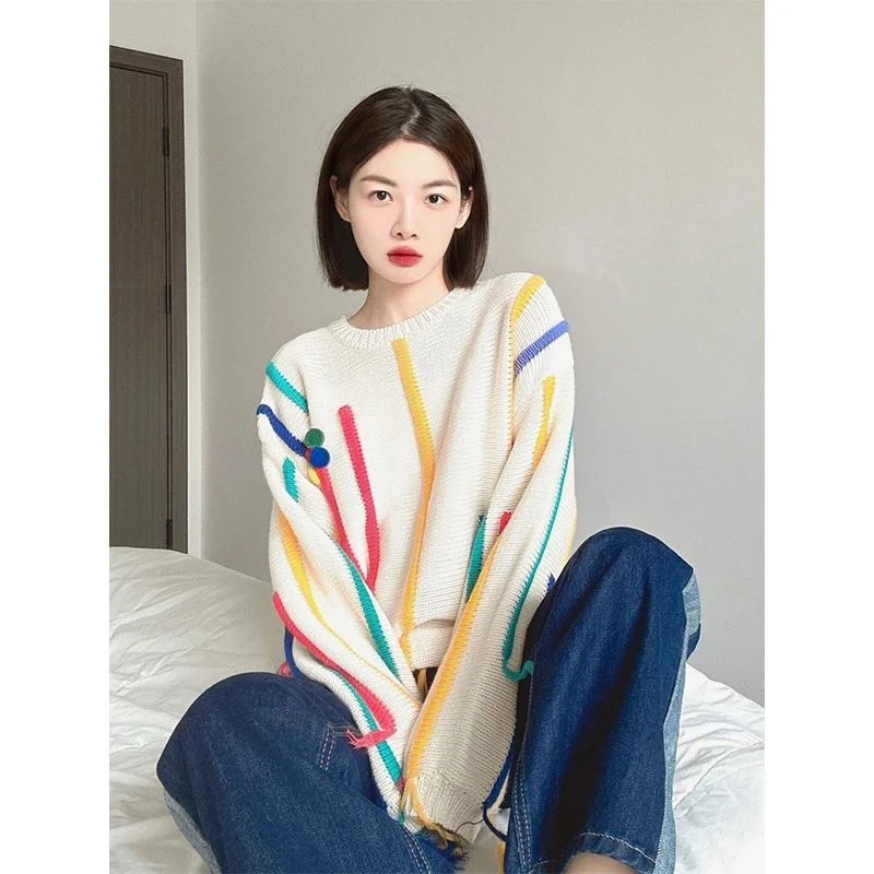 

Colorful Women's Sweater Lazy Autumn/Winter Stripe Pullovers Women Design Loose Casual Long Sleeve Round Neck Jumpers Top
