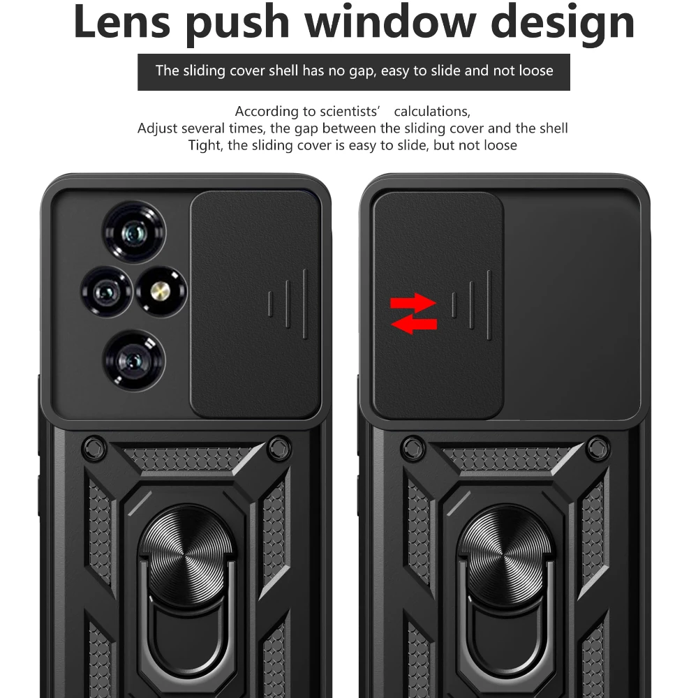 Durable Phone Case with Slide Lens Cover, Rotating Ring, and Shockproof Stand Holder