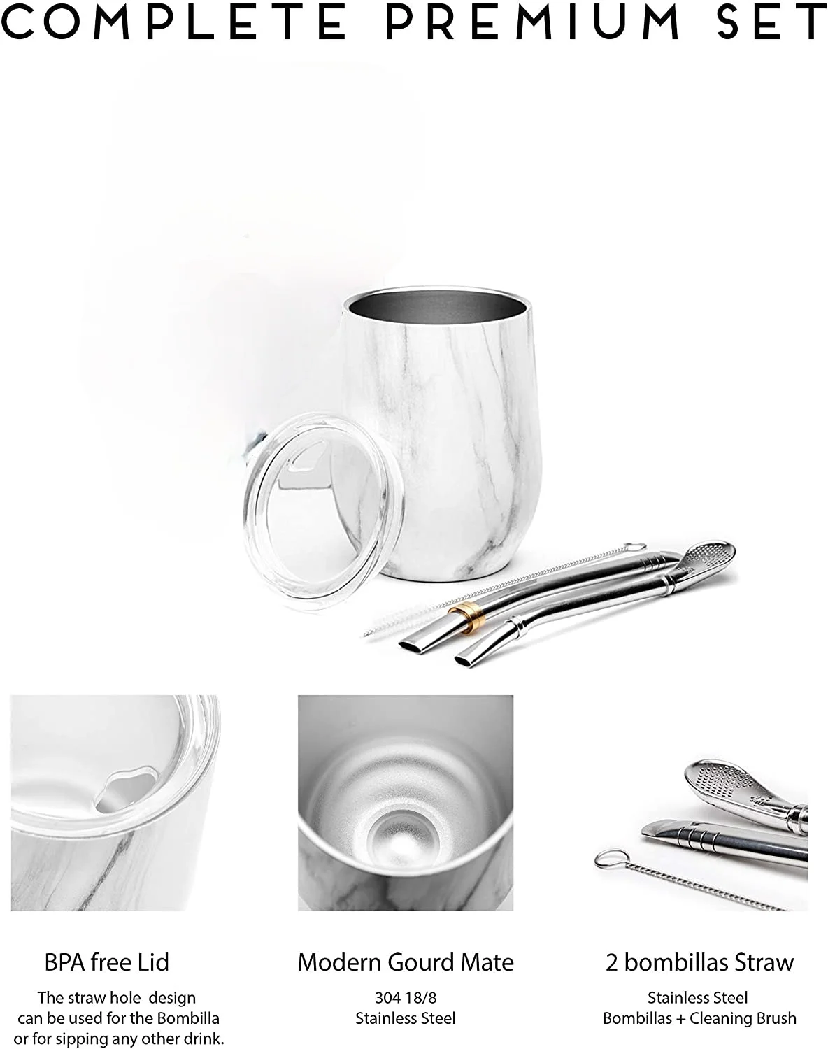 Modern Mate Cup and Bombilla Set (Yerba Mate Cup) -Yerba Set Double Walled 18/8 Stainless Steel