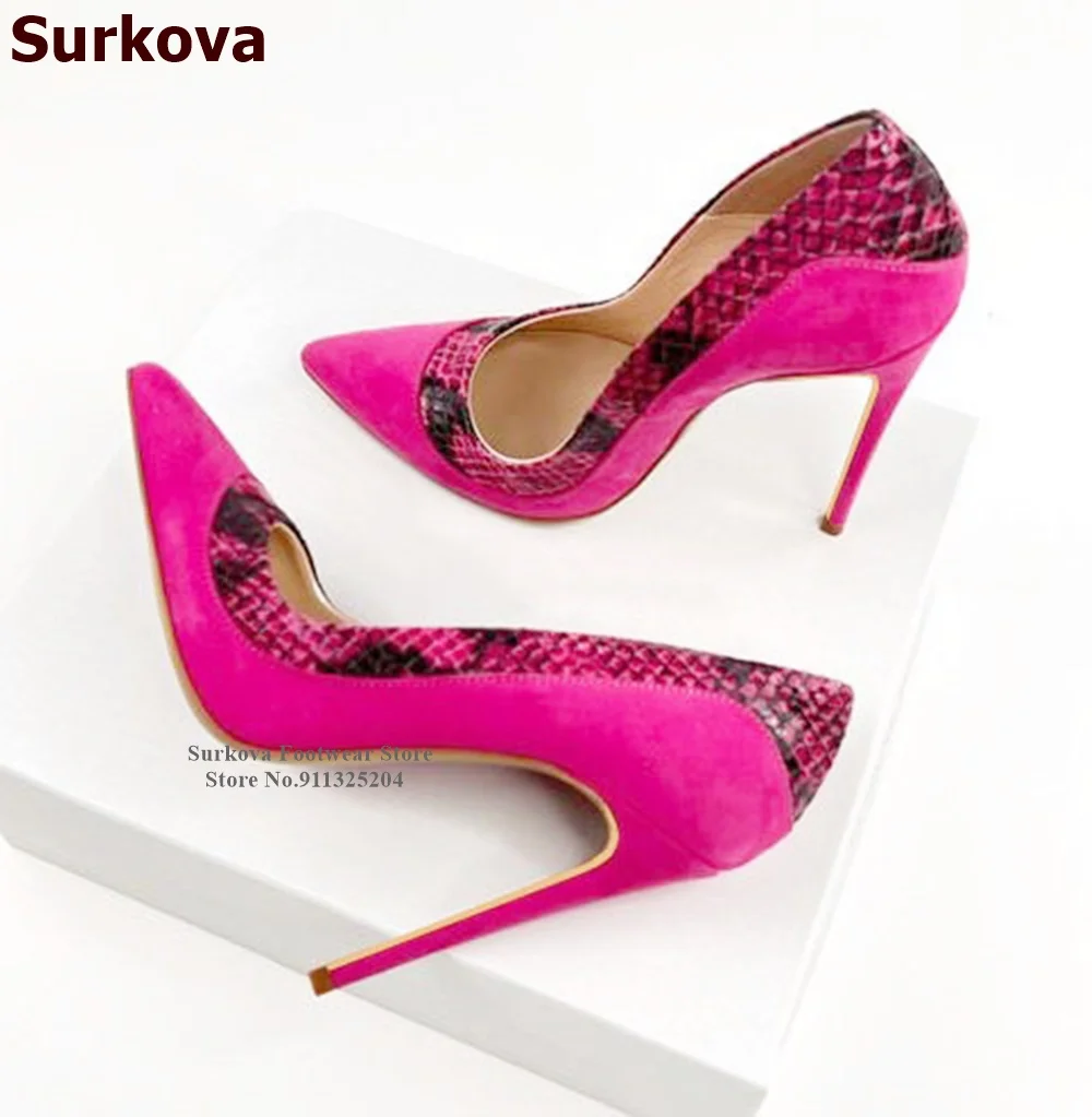 

Surkova Fuchsia Pink Suede Matched Snakeskin Strap High Heel Shoes 12cm 10cm 8cm Patchwork Shallow Cut Dress Pumps Pointy Toe