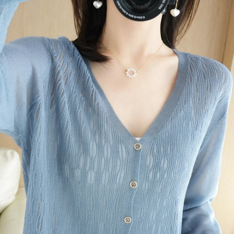 

Lce V-neck Knitted Cardigan Women's Thin Loose Summer Suspender Skirt With Cape Coat And Hollow Sunscreen Shirt Knit Tops