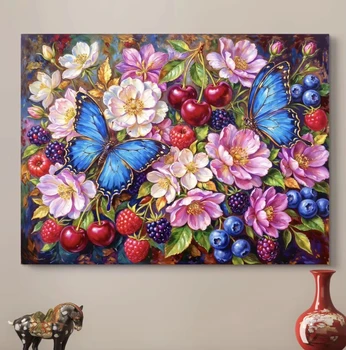 Dipinto Digitale a Olio con Numeri, Natura Morta Floreale Vintage con Frutta e Farfalle Blu, Dipinto a Mano su Tela, Senza Cornice