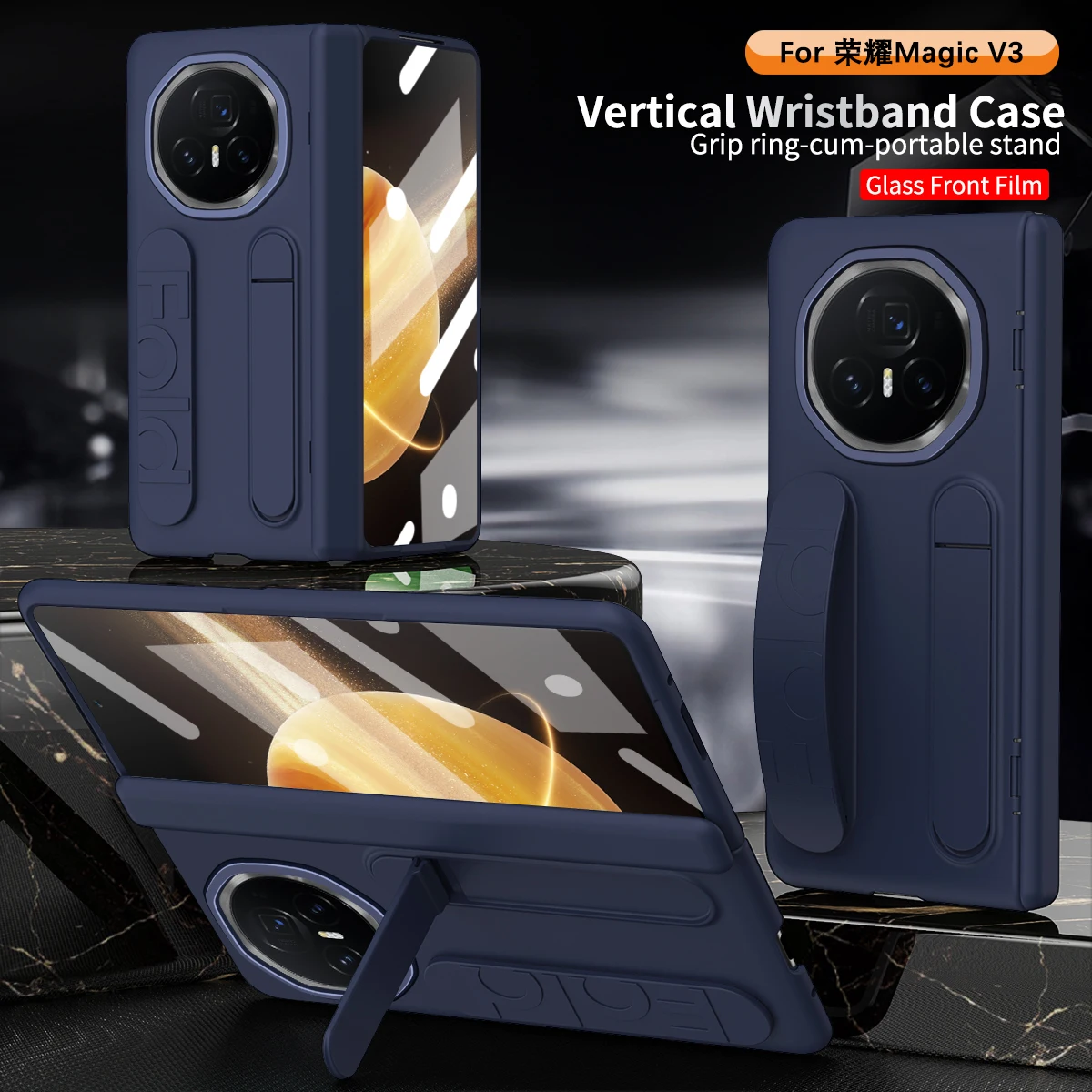 For Honor Magic V3 Silicone Fabric 3-in-1 Protective Phone Case with Wristband and Stand
