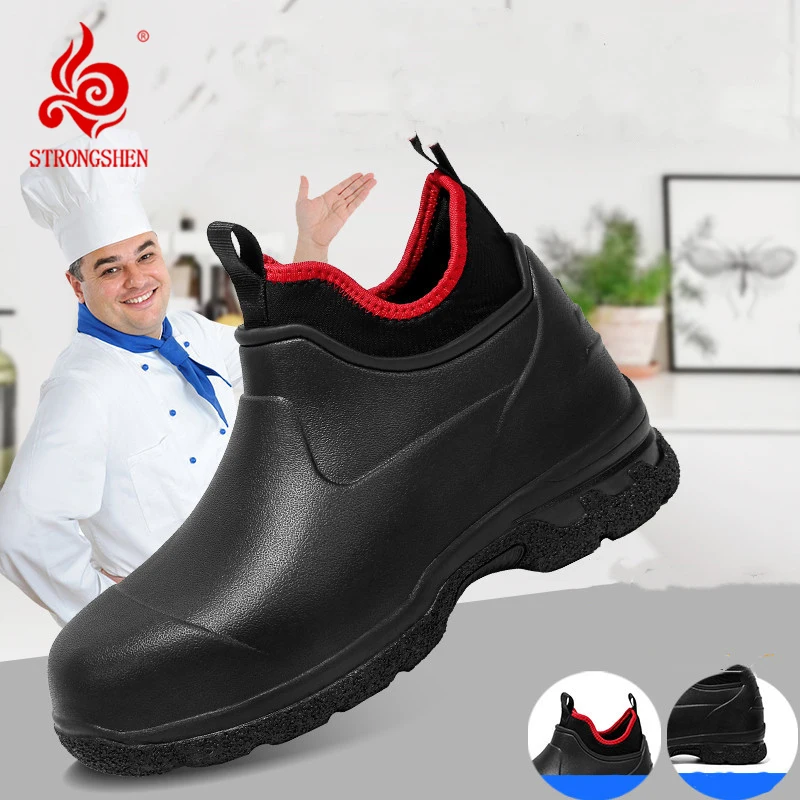 STRONGSHEN Men Chef Shoes Waterproof Non slip Work Shoes Car Wash Shoes Rain Boots Fashion Increase Fishing Shoes Zapatos Hombre