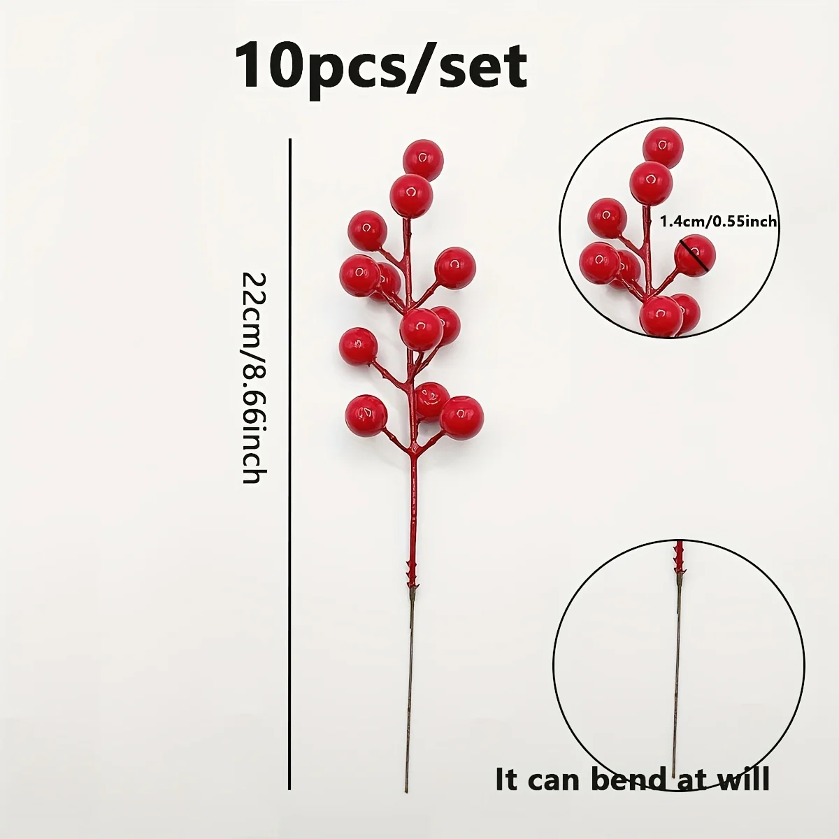 10pcs- Artificial Berry Stems, Christmas Tree Decorations, Plastic Fake Berries for DIY Holiday Crafts