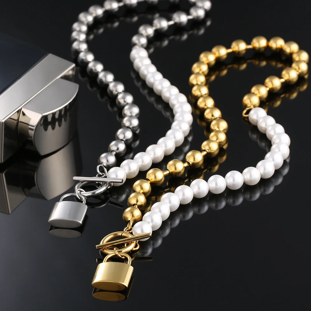 

JEWE Natural Freshwater Pearl Necklace Chain For Men Women Stainless Steel Real 18K White Gold Plated Choker Chains with Cross