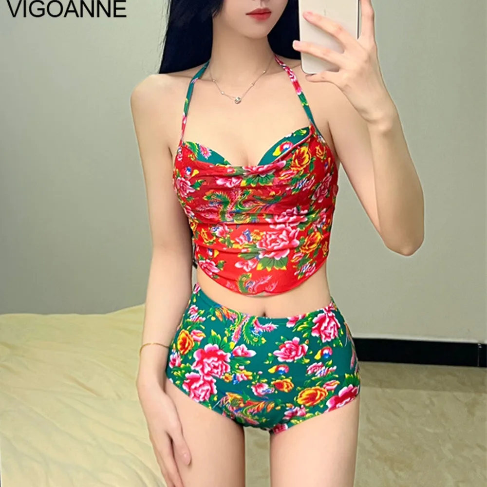 

VigoAnne Print Sexy 3 Piece High Waist Skirt Bikini Set Women 2024 Tied Halter Swimsuit Push UP Backless Korean Bathing Suit