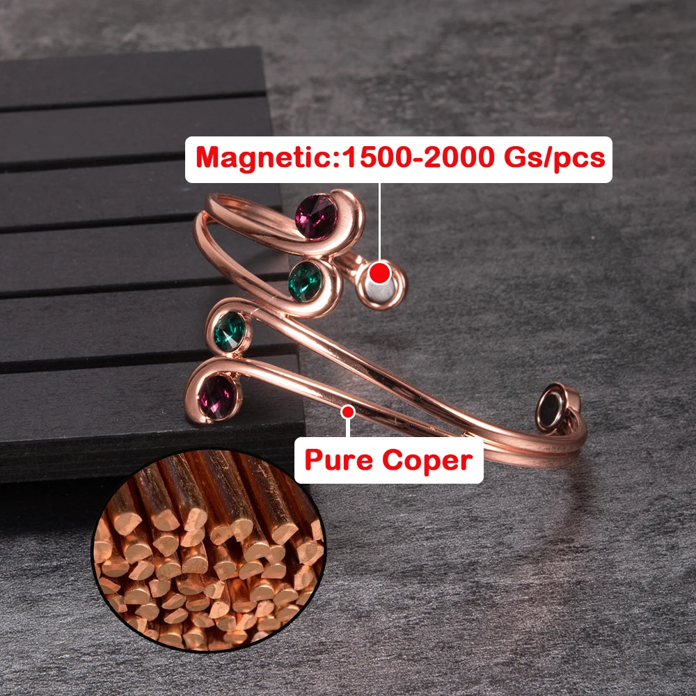 Pure Copper Bracelets Magnetic Therapy Irregular Zirconia Cuff Adjustable High Magnets Bangles Women