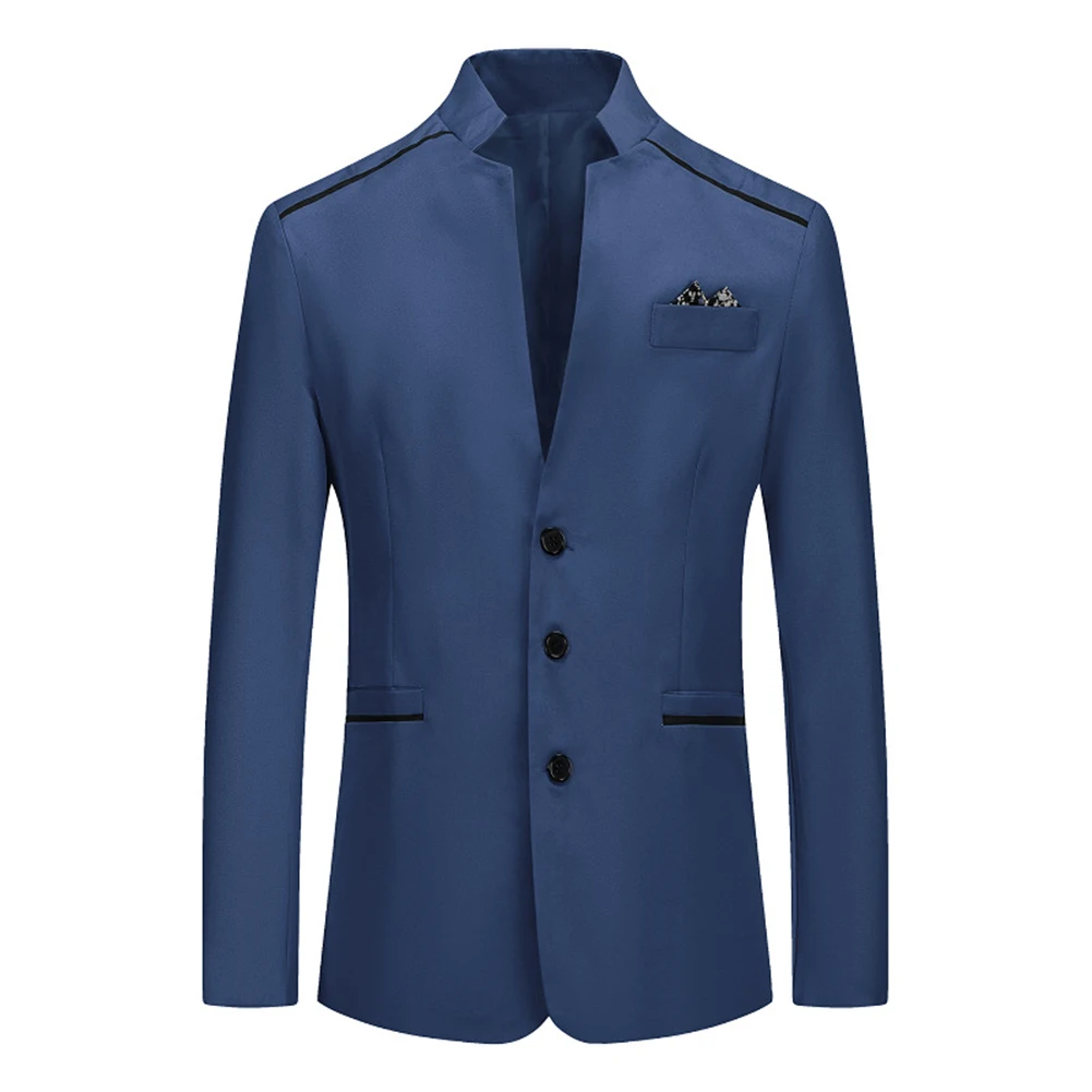 

Men Casual Business Loose Fitting Long Sleeved Formal Suit Blazer Slim Stand Collar Jacket Work Button Solid Coat Men's Suit