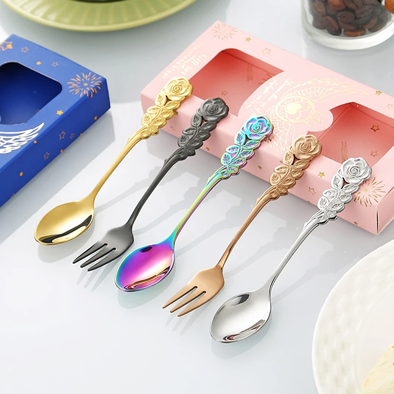 스테인레스 스틸 로즈 핸들 샐러드 스푼 포크, 가정용 디저트 포크 미니 포크 세트, 스낵 케이크 샐러드 커트레이 포크, 2 개 