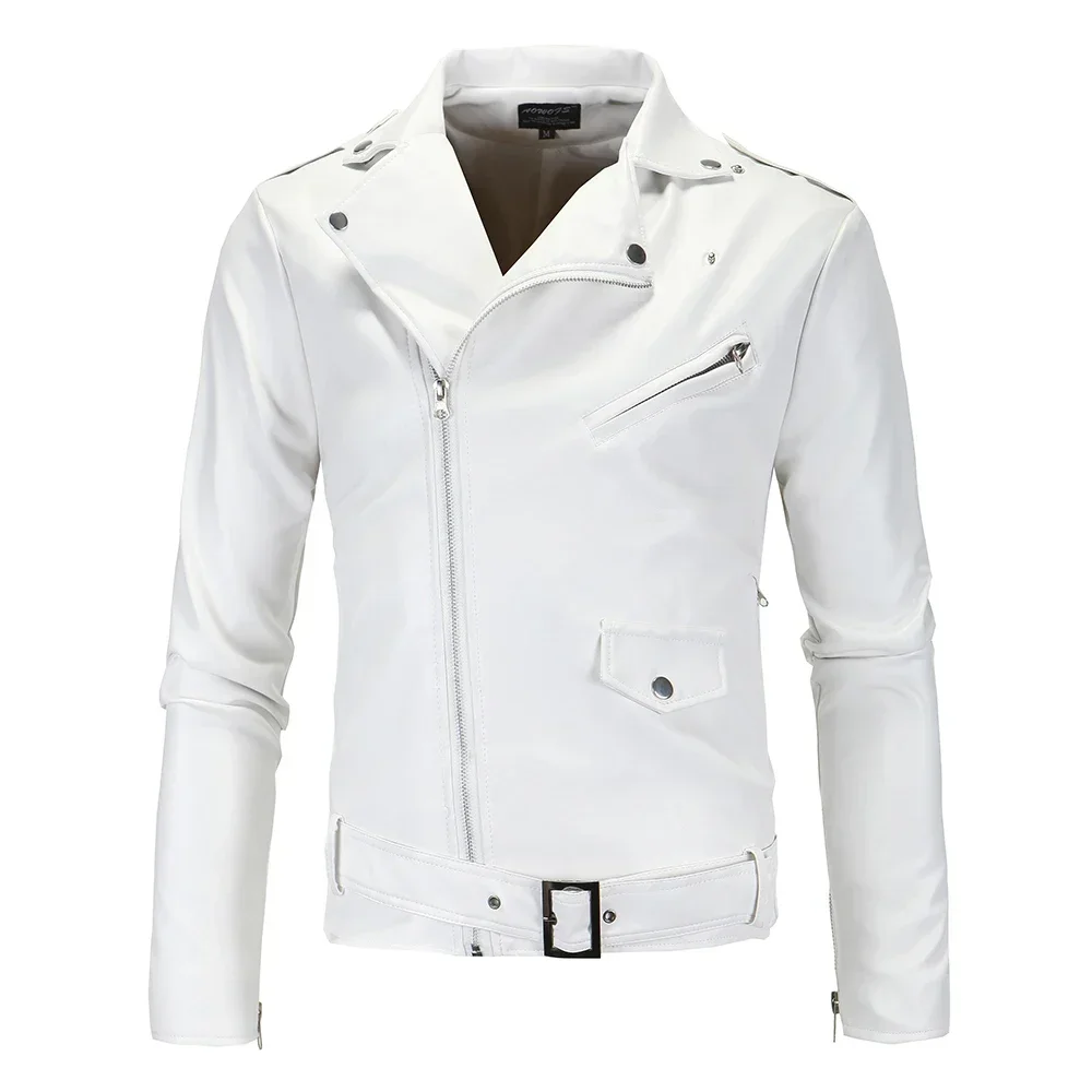 

Biker 4XL Coats New Oblique Size Moto Men Leather Outwear White Zipper Slim Jackets Motorcycle