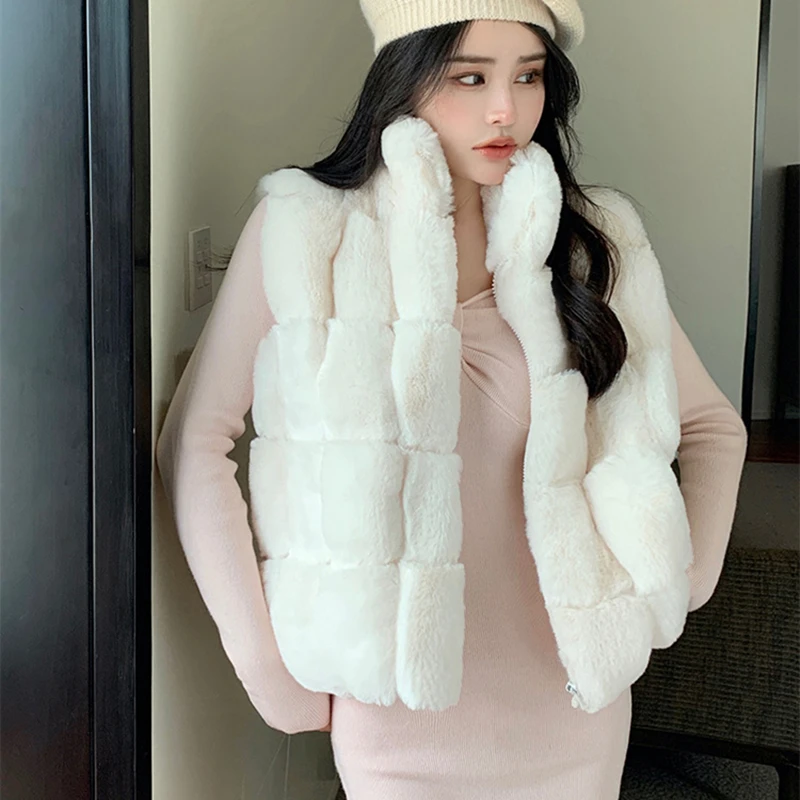 Korean Block Faux Fur Women Sleeveless Coat Winter Fashion Solid Stand Collar Plush Imitation Rabbit Fur Jacket Vest Overcoat sun block anti uv bolero gloves faux leather white top clothes crop shrug jumper women pu leather gloves wpu250