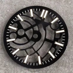 Silver Skeleton Watch Dial Face, 29mm, with Luminous Indices (Black B)