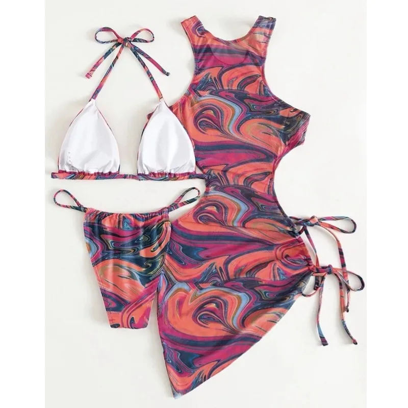 3 Piece Bikini Set for Women Padded Floral Print String Swimsuits Bathing Suit Sexy Cutout High Neck Mesh Beach Cover Up