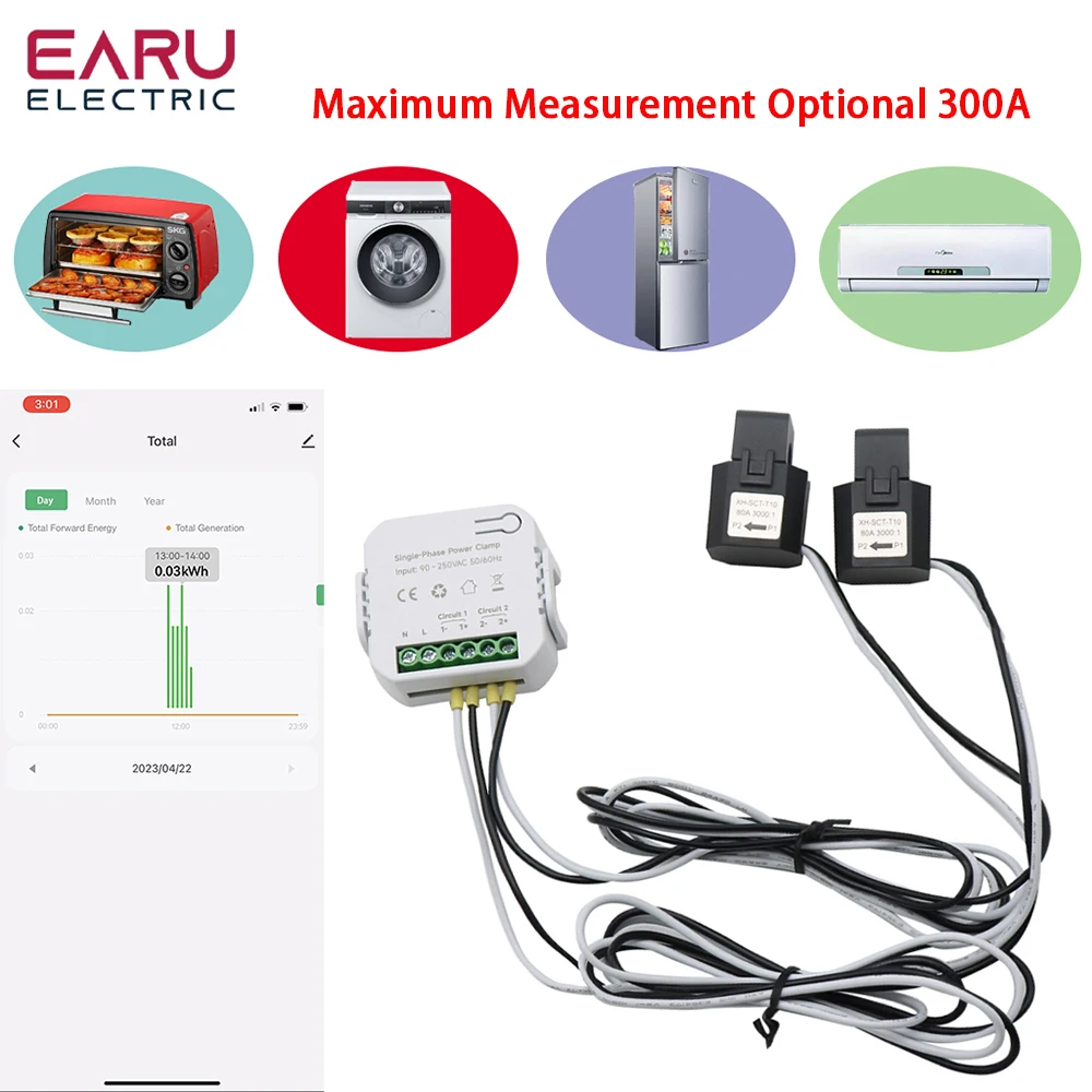 Medidor de energía WiFi bidireccional inteligente, Monitor de consumo de electricidad, CA 110V, 220V, con abrazadera, CT, KWh, aplicación Tuya, 80-300A