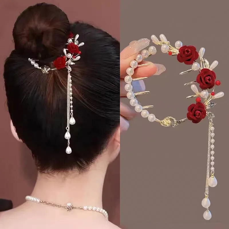 

Винтажная Пряжка для хвоста с жемчужной розой и кисточкой, заколка для волос с акулой, женский зажим на тыльную сторону, пилюль для волос, головной убор, аксессуары для волос
