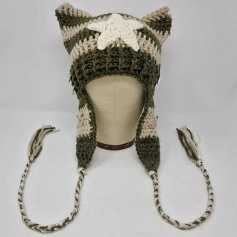 

Cat Ear Beanie Hat for Women Harajuku Star Patched Earflap Hat Handmade Crochet Hat Y2K Sweet Winter Warm Headwear