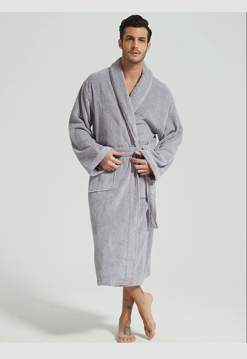 Men's Terry Bathrobe Luxury Turn Down Collar 100% Cotton Kimono With Sashes Solid Bath Robe Pockets Dressing Gown For Male