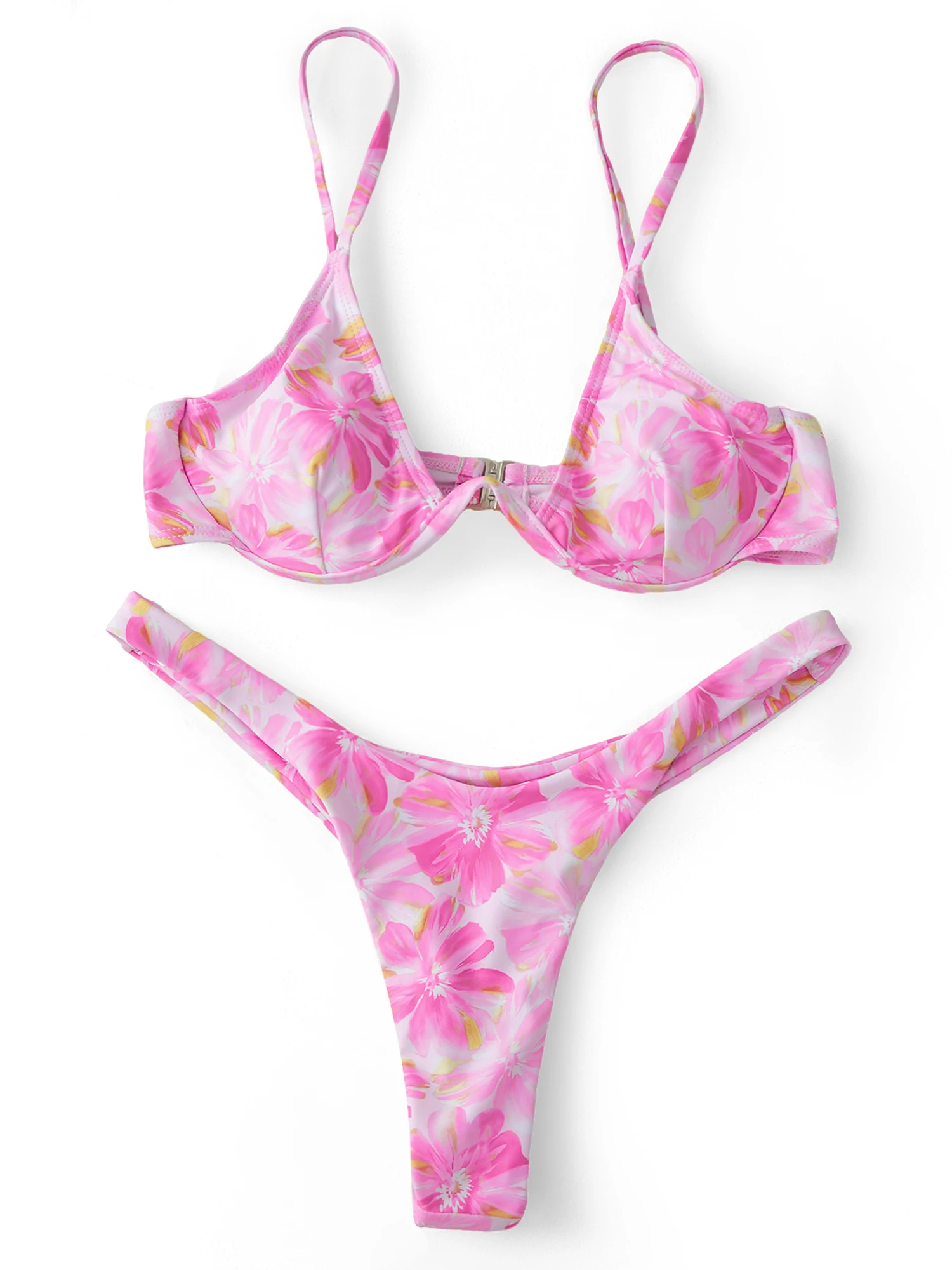 Women s Pink Floral Print Sleeveless Two Piece Bathing Suit with Low Waist Thong Bottoms - Stylish Swimwear for Summer Beach