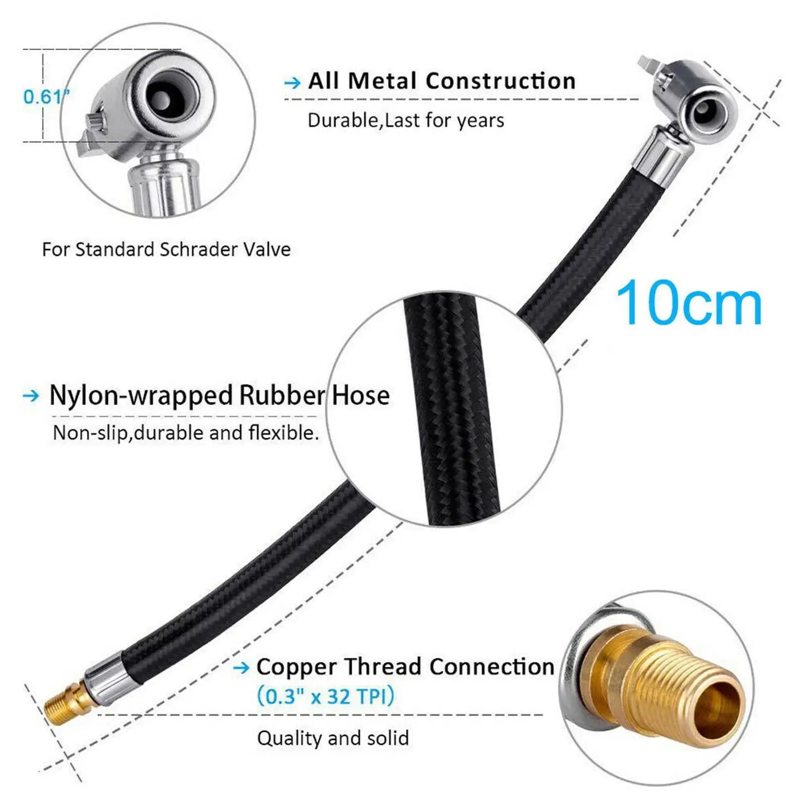 Powstation 10 Cm Car Tyre Inflator Hose Deflated Tyre Tube Hose Air Hand Tube Adapter Pump Pump Air Extension