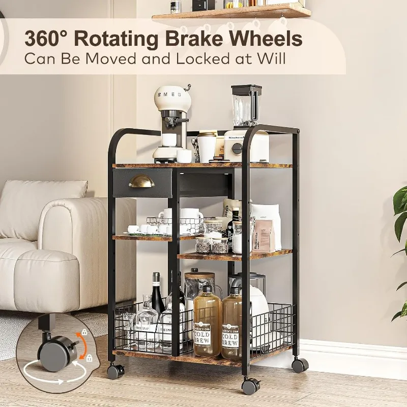 Coffee Bar with Wheels, Mobile Coffee Table with Storage Drawer, 4-Tier Adjustable Coffee Cart, Rustic Wood Coffee Bar Station 4