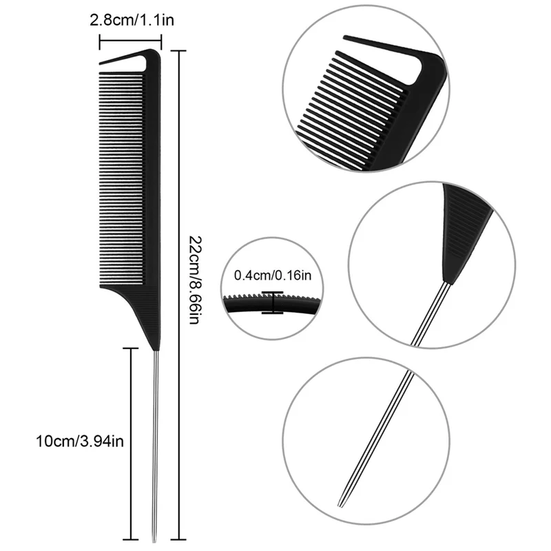 30 Pieces Parting Comb for Hair Rat Tail Comb Steel Pin Rat Tail Carbon Fiber Heat Resistant Teasing Combs(Black) 2