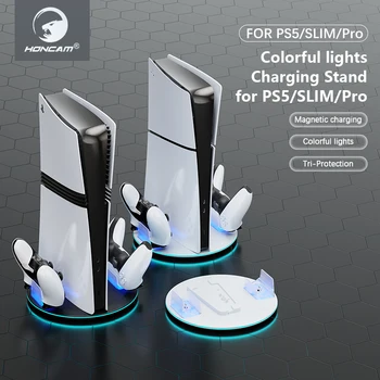 Supporto per console verticale con due slot di ricarica USB per controller per PS5, PS5, Pro, PS5 Slim con luce RGB per controller PS5 e Edge
