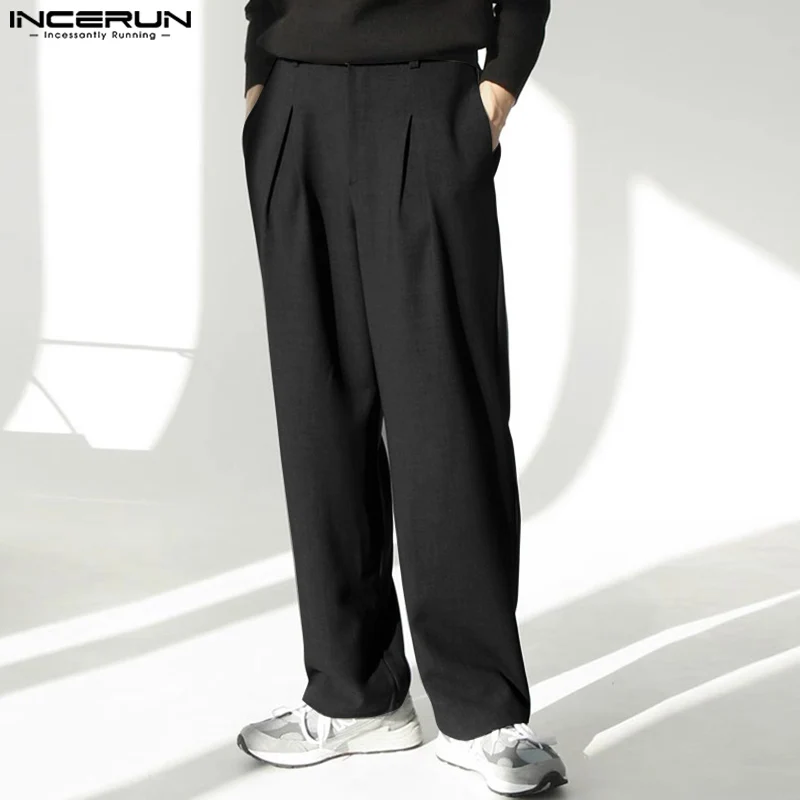 

INCERUN Men Casual Pants Solid Color Button Joggers Loose Pleated Straight Trousers Men Streetwear 2024 Fashion Leisure Pantalon