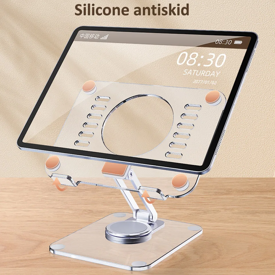 Suporte para Tablet Dobrável Suporte Acrílico Transparente Rotação de 360 ° Suporte de Refrigeração Oca Suporte de Liga de Alumínio Mesa para Ipad - Imagem 5
