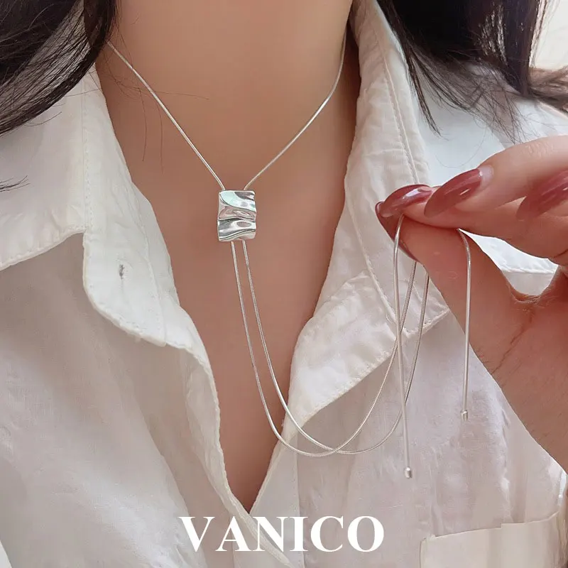 

Tassel Long Chain Necklace Sterling Silver Elegant Simple Plain Rectangle Pendant Adjustable Sweater Chain Necklaces for Women