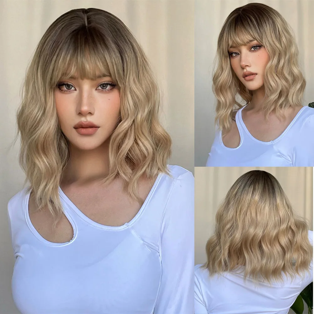 

HENRY MARGU Short Wavy Bob Synthetic Wig Brown to Blonde Ombre Hair Wigs for Women with Bangs Cosplay Natural Wig Heat Resistant