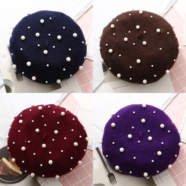  - Elegant Wool Pearls Beads Berets For Women Warm Winter Hats Skullies Beanies Vintage Cashmere Female Flat Hats Solid Caps