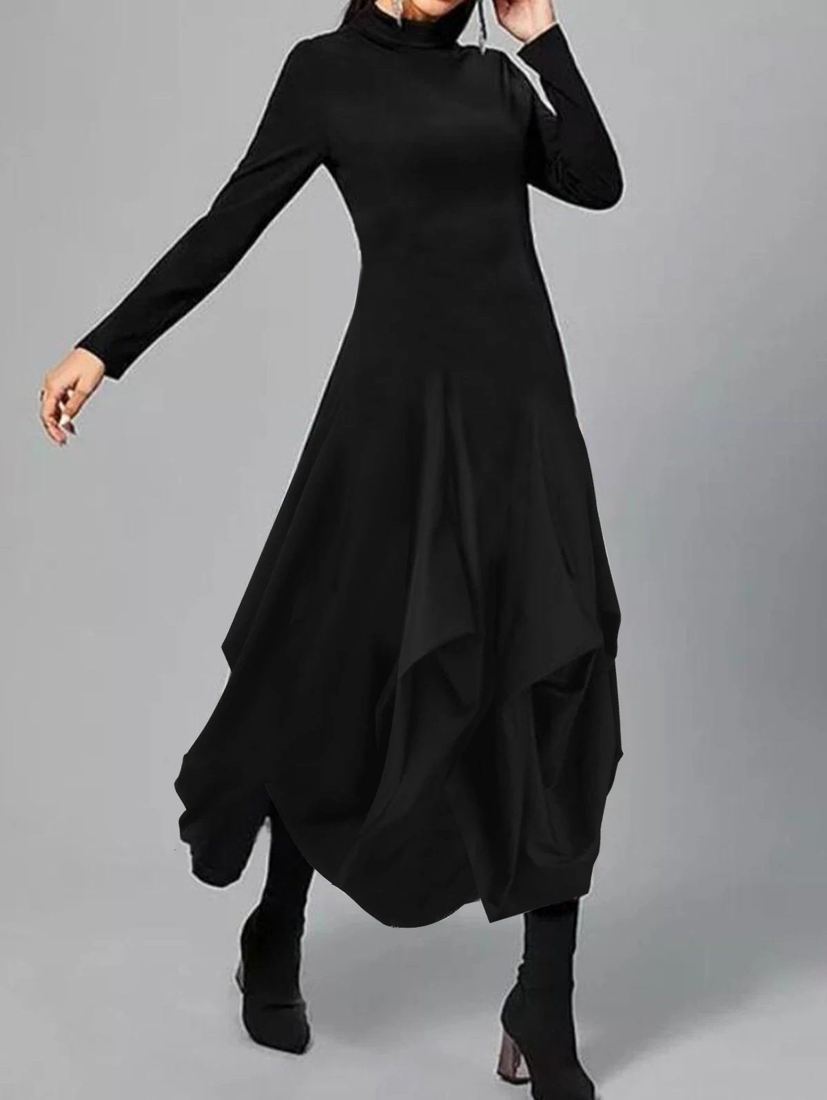 

Women Casual Long Dress Autumn Cowl Neck Petal Hem Long Sleeve Casual Dress Party Slim Fashion Asymmetrical Vintage Dress