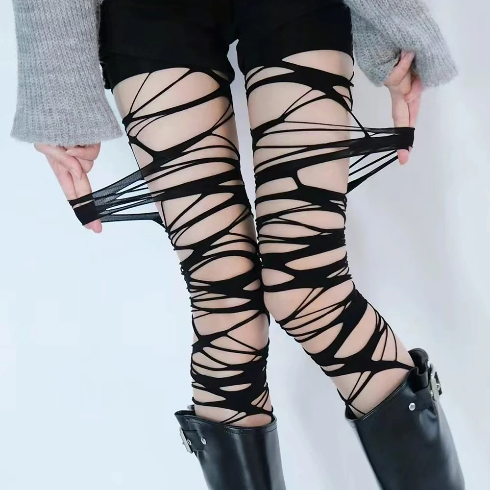 2024 Punk Torn Strap Holes Tights Nue Sexy Lolita Gothic Spider Web Stockings Ladies Y2k Black Mesh Soft Tights High Hosiery