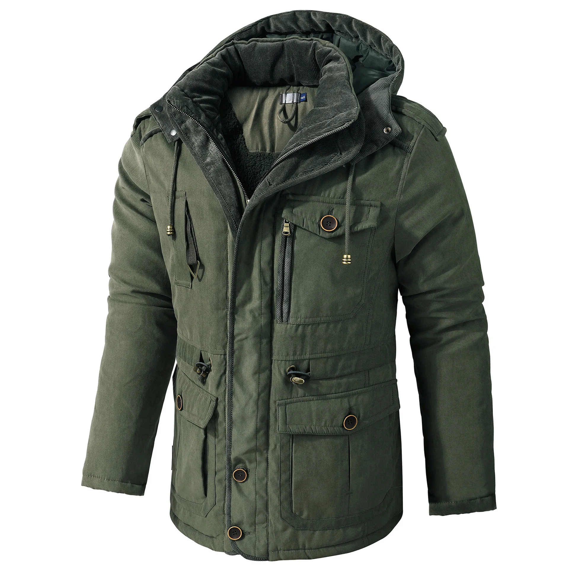 2023 New Men's Large Lamb Fleece Hooded Cotton Jacket Thickened Multi Pocket Cotton Top Casual Mid Length Coat
