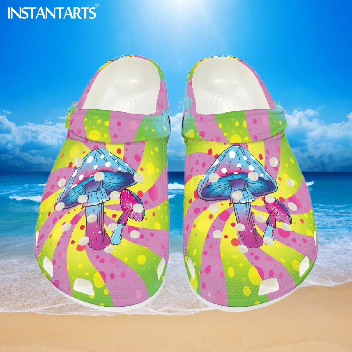 

INSTANTARTS Fashion Swirl Gradient Mushroom Print Comfort Slippers Casual Unisex Flats Summer Lightweight Hole Shoes Home Sandal