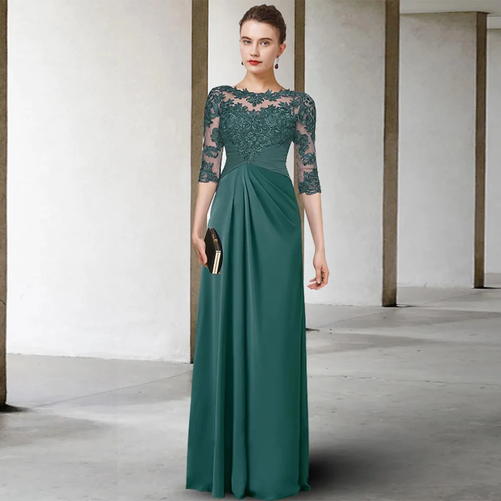 Emerald Green Mother of The Bride Dress Elegant Half Sleeves Scoop Neck Applique Floor Length A Line Chiffon Wedding Guest Gown
