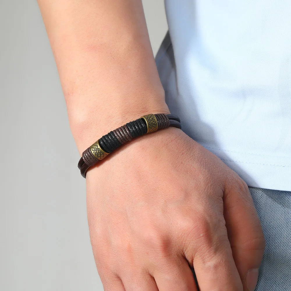 Mens Leather Woven Rope Bracelet Handmade Bangle Accessory