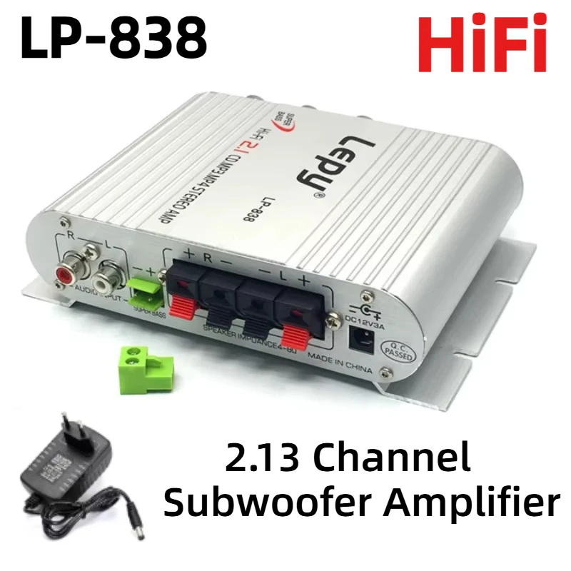 Amplificatore Auto/Casa LP-838 2.1 Canali | Mini Amplificatore HiFi 15Wx2+20W, Lega Alluminio
