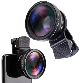 Lente universale 2 in 1 con clip da 37 mm per cellulare, 0.45x 49uv super grandangolare macro HD professionale per tutti gli smartphone