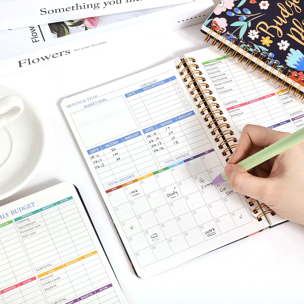 Retro Flower Undated Budget Planner - 50 Sheets Monthly Finance Book with Cardboard Cover