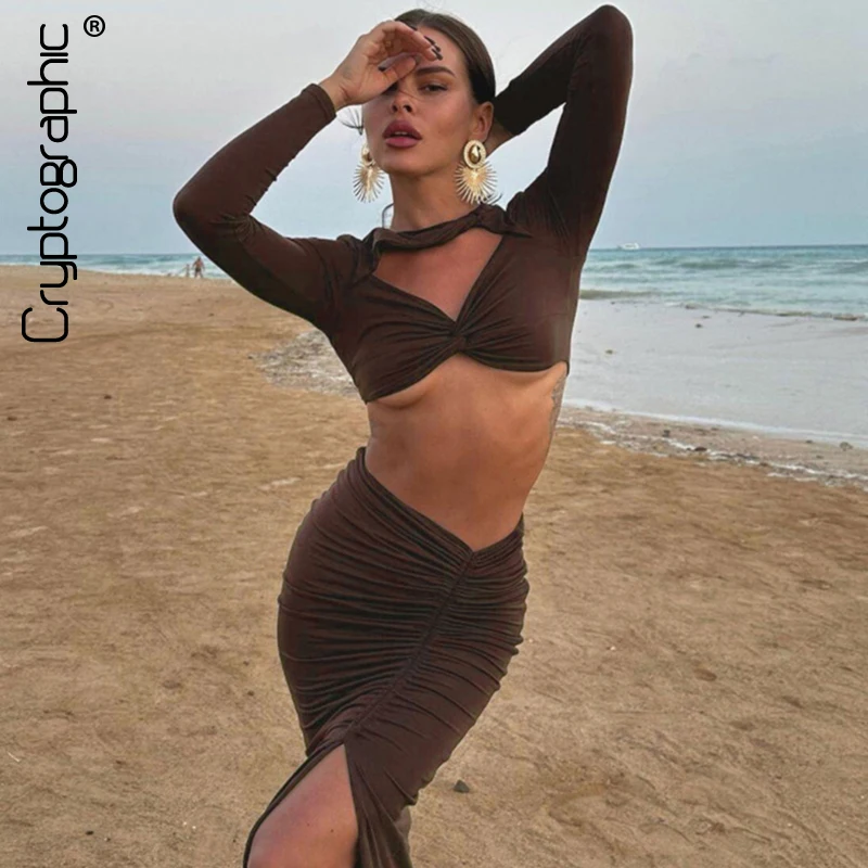 

Cryptographic Fashion Drawstring Ruched Dress Sets Outfits for Women Sexy Cut Out Long Sleeve Top Split Maxi Skirts 2 Piece Sets
