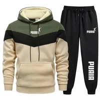 Nouvel ensemble deux pièces automne-hiver pour homme : sweat à capuche et pantalon de jogging patchwork, tenue de sport tendance pour l'extérieur 1