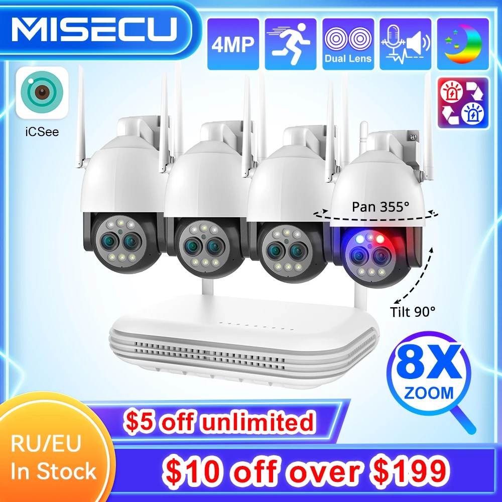 MISECU 2K 8X Zoom PTZ Dual Lens 4MP Security Protection System WiFi Outdoor IP Camera Human Detect Surveillance Kit 2.8mm 12mm