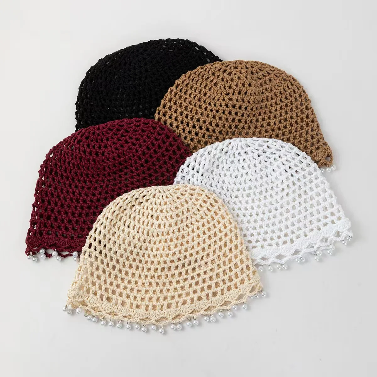 Elegant Lightweight Open-Knit Water Pearl Beanie – Artistic and Breathable Design
