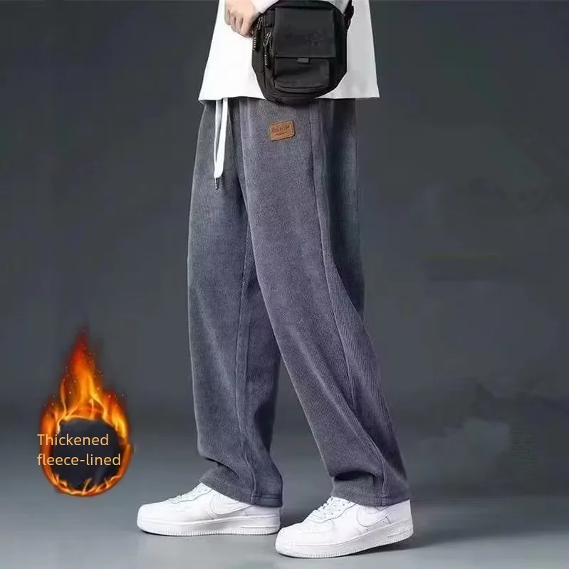 thumbnail image 1 of Pantalones rectos de pana para hombre, holgados, ajustados, informales, para otoño e invierno, con estampado de letras a la moda, de tela de poliéster, 1 of 5