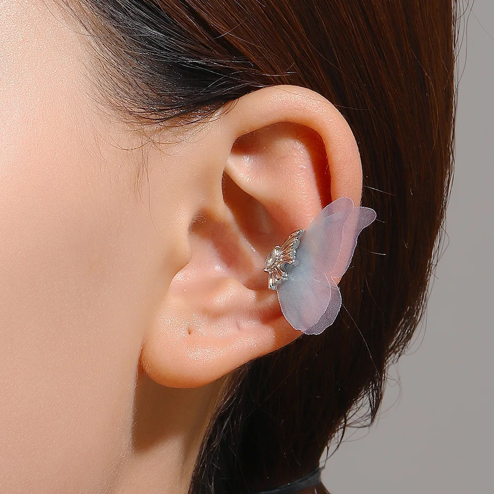 Fairy Tulle Butterfly Ear Clip Earrings For Women Jewelry Ear Cuffs Without Hole Single Fake Piercing Wings Earrings Kolczyki korean fashion crystal double layer ear clip earrings for women jewelry new zircon ear cuffs without hole snakes fake earrings