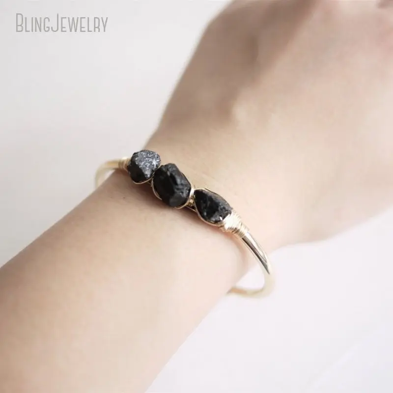 10pcs Gold Color Stainless Steel Cuff Raw Black Tourmaline Bangle Bracelet Women Triple Jet Stone Luxury Jewelry