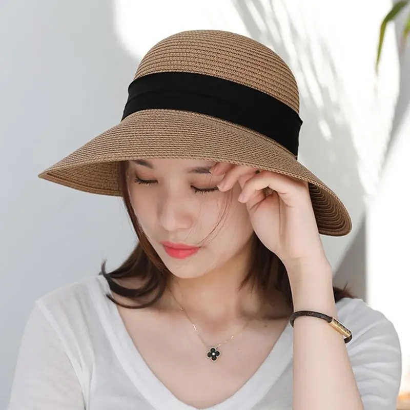 Foldable ladies soft top sun hat beach straw hat comfortable and breathable travel summer anti-ultraviolet